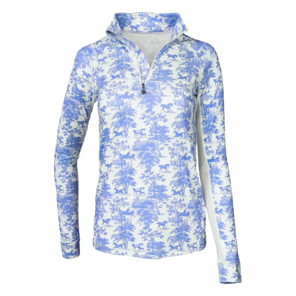 Blue and white patterned long sleeve 1/4 zip riding shirt on a white background