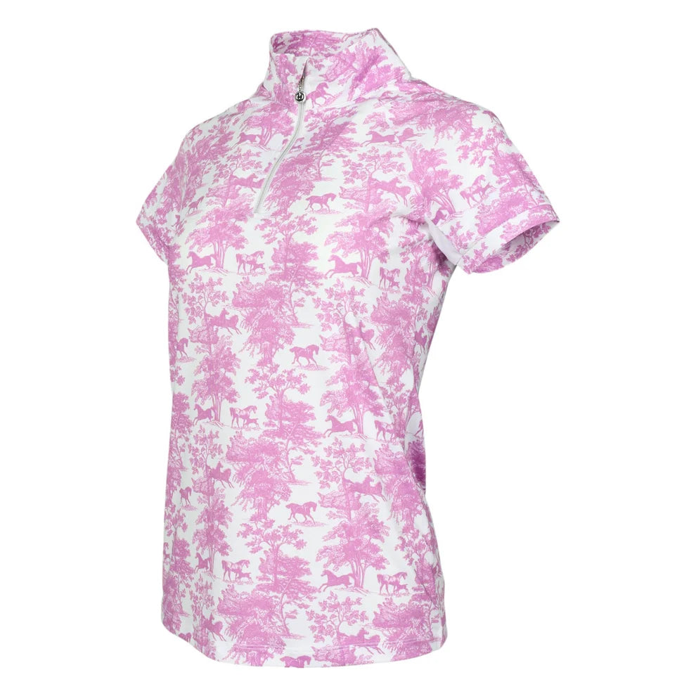 Pink and white patterned short sleeve shirt on a white background