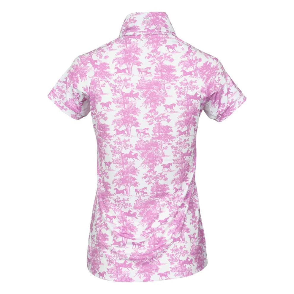 Back view of a pink and white patterned shirt on a white background