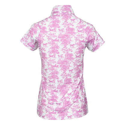 Back view of a pink and white patterned shirt on a white background