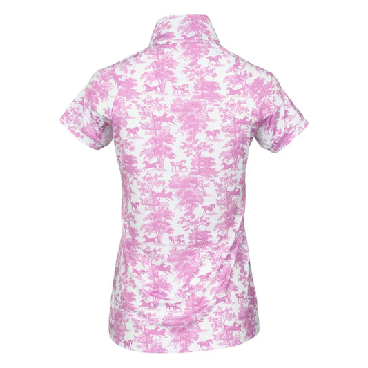 Back view of a pink and white patterned shirt on a white background