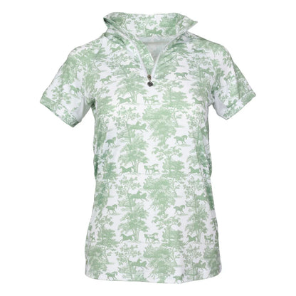 Green and white patterned 1/4 zip short sleeve top on a white background