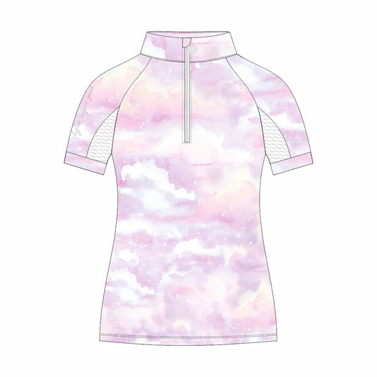 Pastel tie-dye riding shirt with a 1/4 zipper on a white background