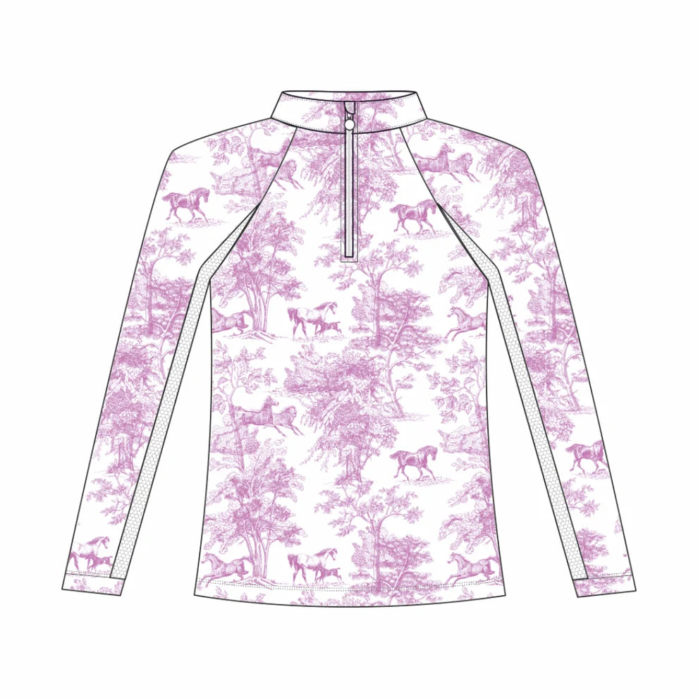 Long-sleeve shirt with pink toile horse and nature pattern on a white background