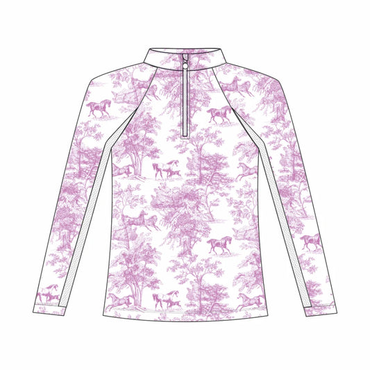 Long-sleeve shirt with pink toile horse and nature pattern on a white background