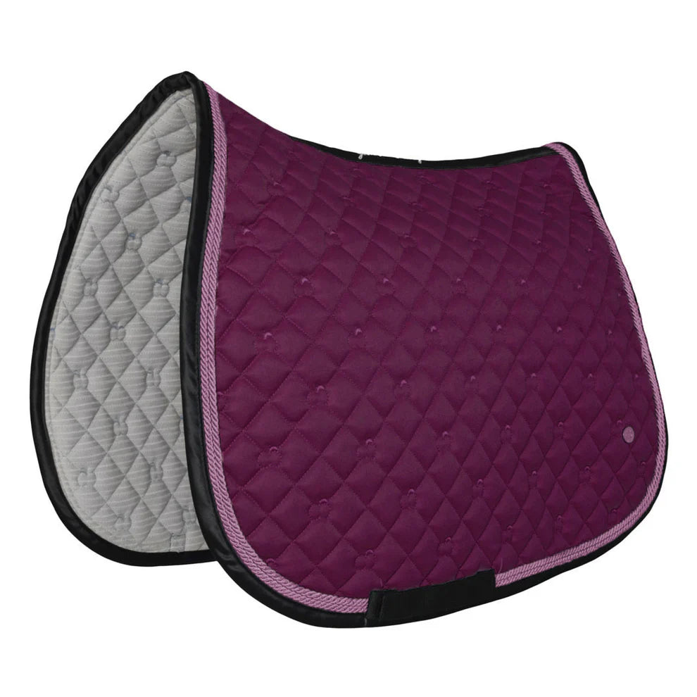 Plum quilted saddle pad with contrasting trim showing a gray underside on a white background