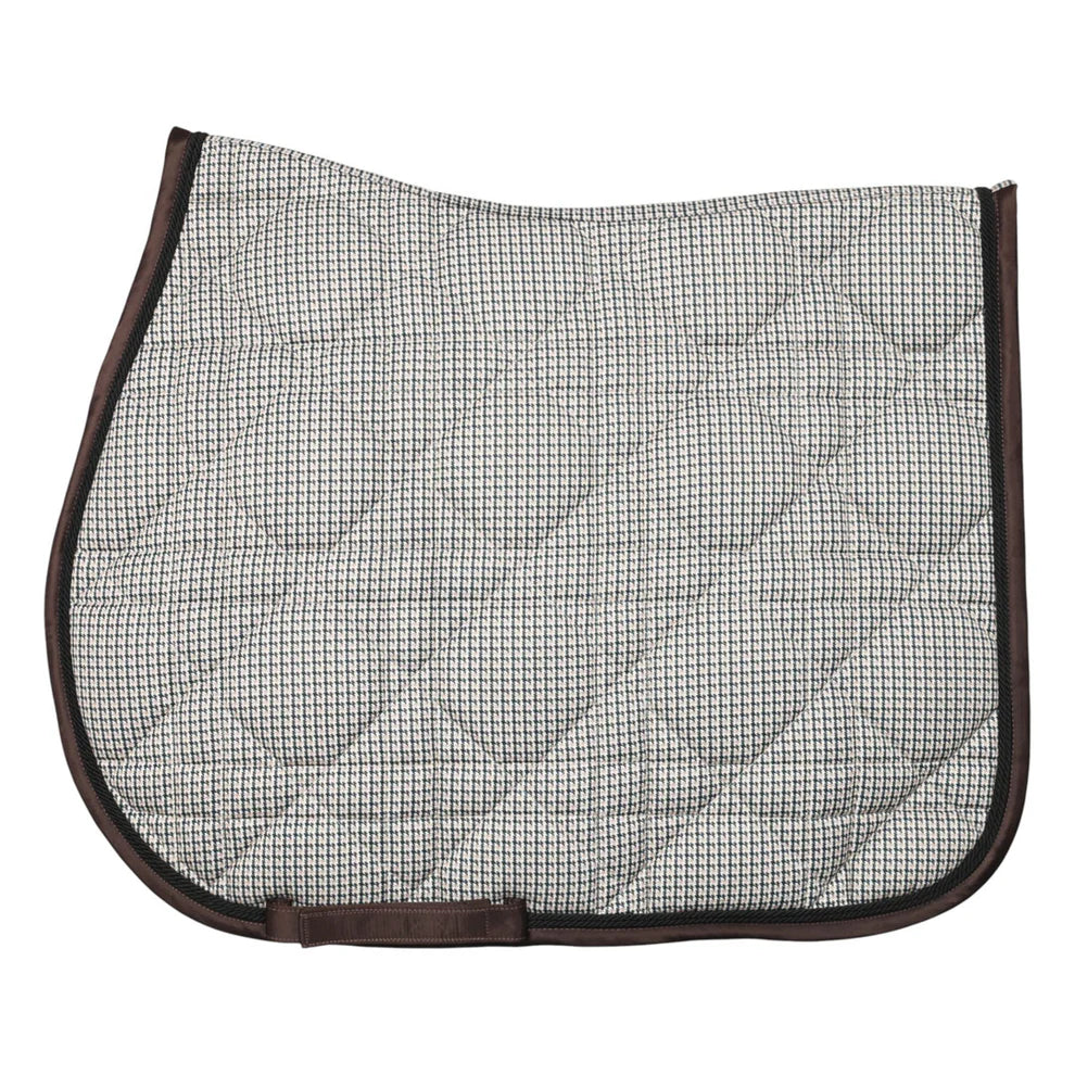 Equestrian saddle pad with grid pattern on a white background