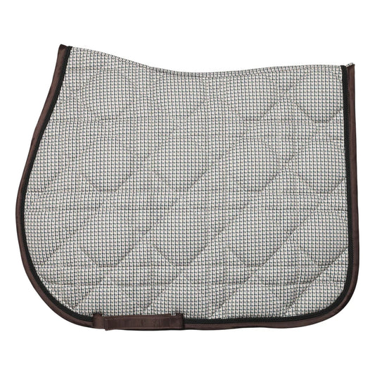 Equestrian saddle pad with grid pattern on a white background