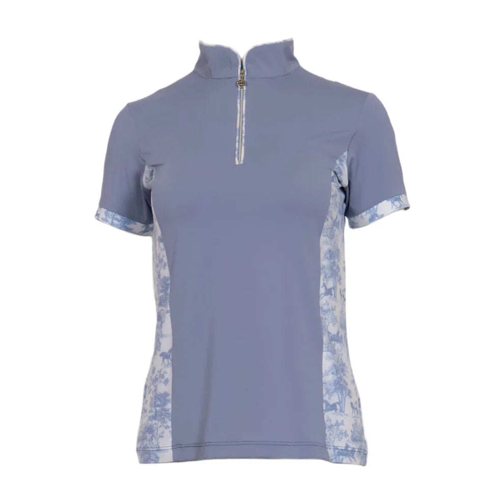 Blue short-sleeve shirt with floral accent patterns on a white background.