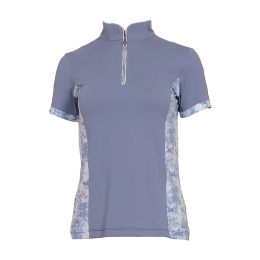 Blue short-sleeve shirt with floral accent patterns on a white background.