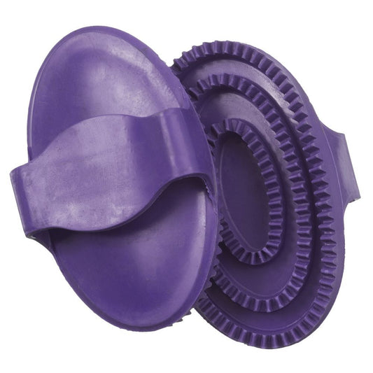 Showing front and back view of a traditional rubber curry comb for grooming horses.