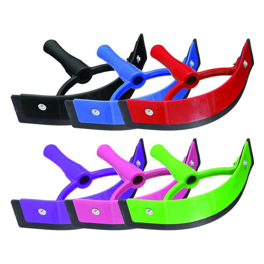 Six different colored sweat scrapers for horses