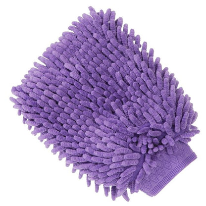 Purple microfiber grooming mitt on a white background