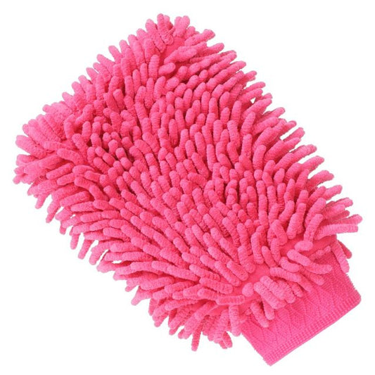 Pink microfiber grooming mitt on a white background