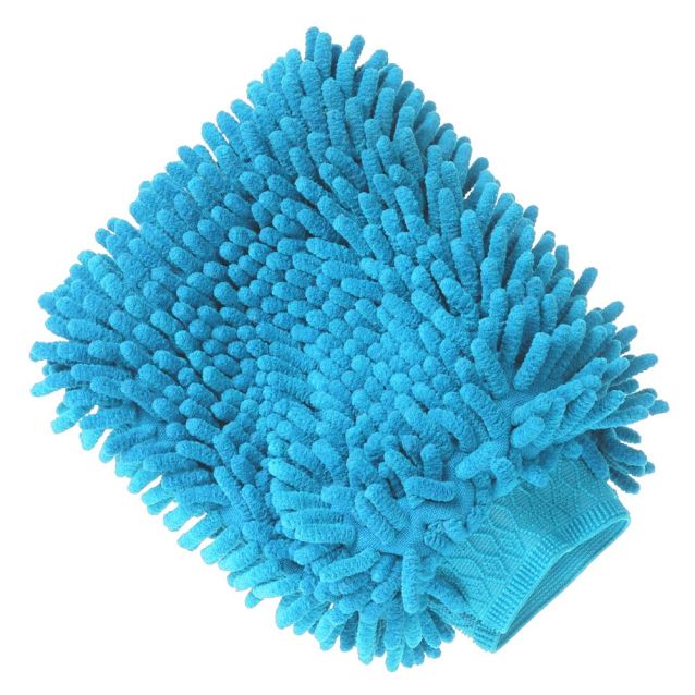 Turquois microfiber grooming mitt on a white background