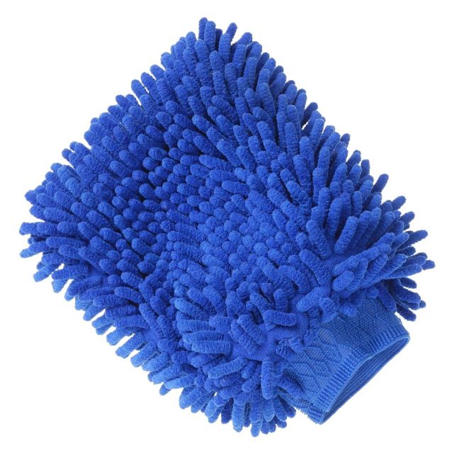 Blue microfiber grooming mitt on a white background