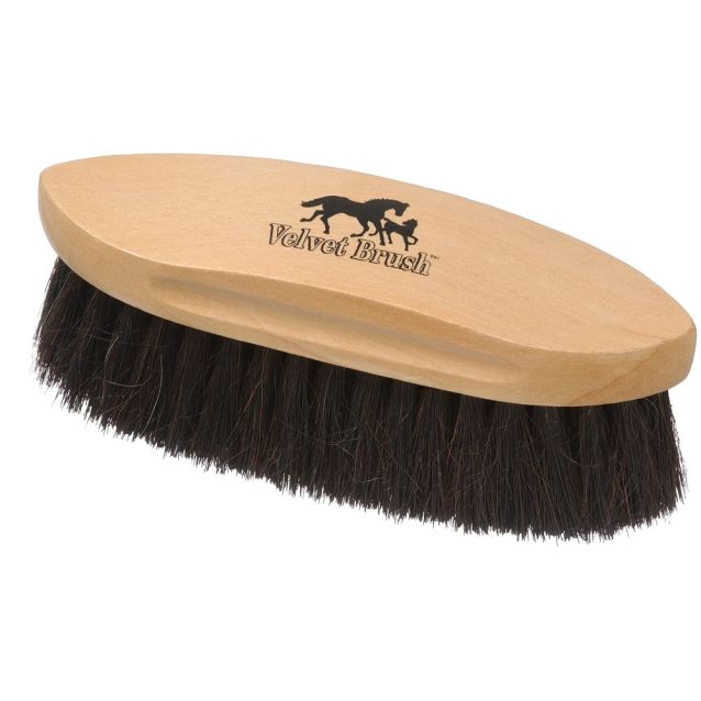 Wooden brush with black bristles on a white background, featuring the 'Velvet Brush' logo.