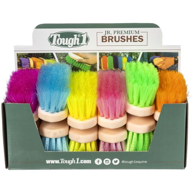Box of Tough 1 Jr. Premium Brushes with colorful bristles on a white background