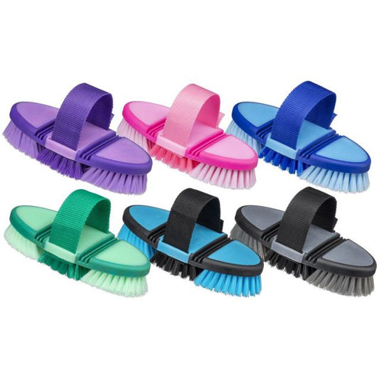 Set of colorful grooming brushes with straps on a white background