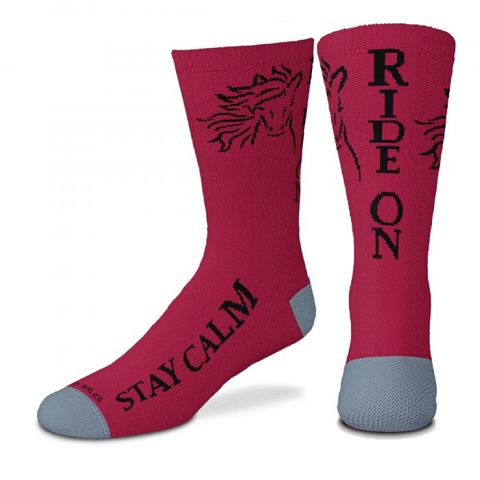 Pink crew socks.  One says "stay calm" on the foot.  The other says "ride on" up the ankle.