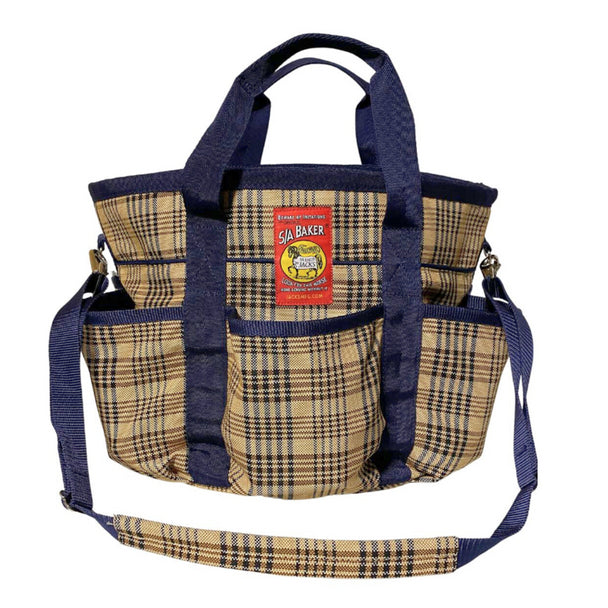 Plaid bag with blue accents and a visible  5/A Baker brand label on a white background