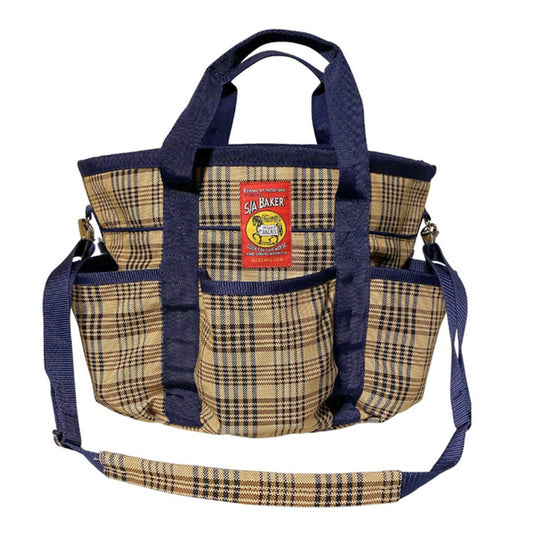 Plaid bag with blue accents and a visible  5/A Baker brand label on a white background