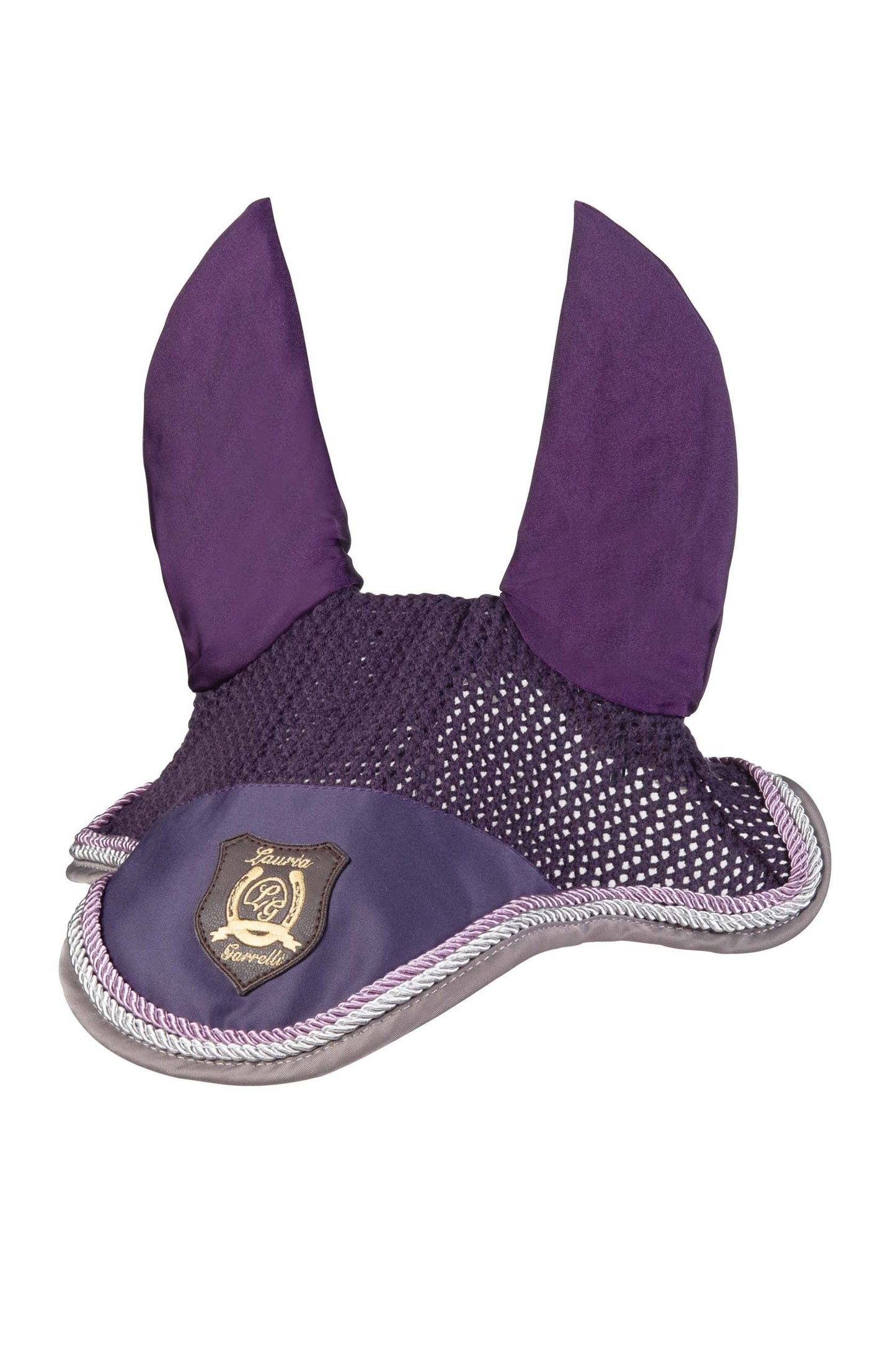 Lilac colored equestrian fly bonnet for horse. Corded trim. Logo on front center.