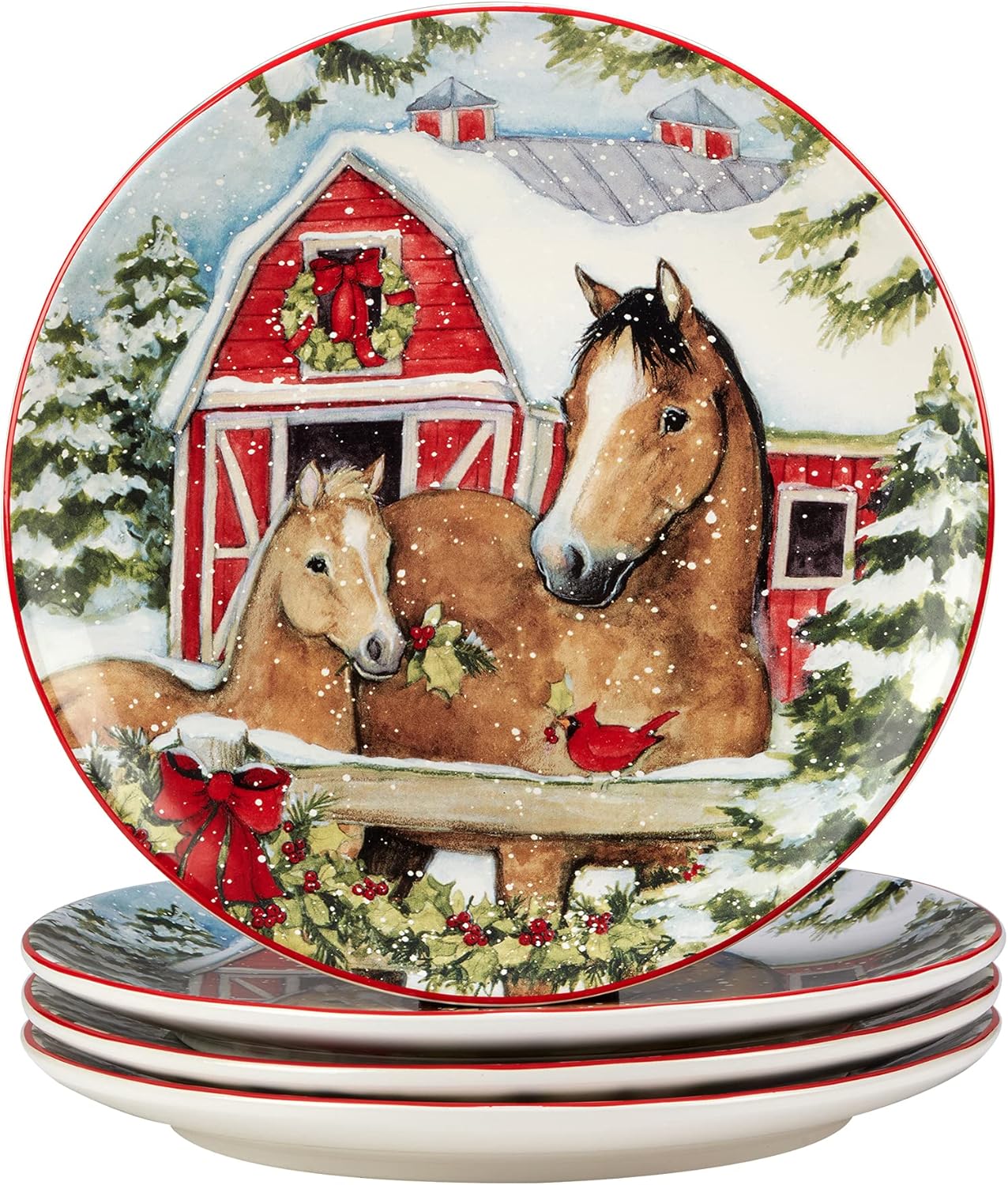 Christmas dinner plates featuring horses, barn and holly.