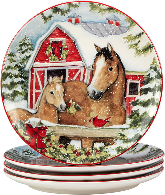 Christmas dinner plates featuring horses, barn and holly.