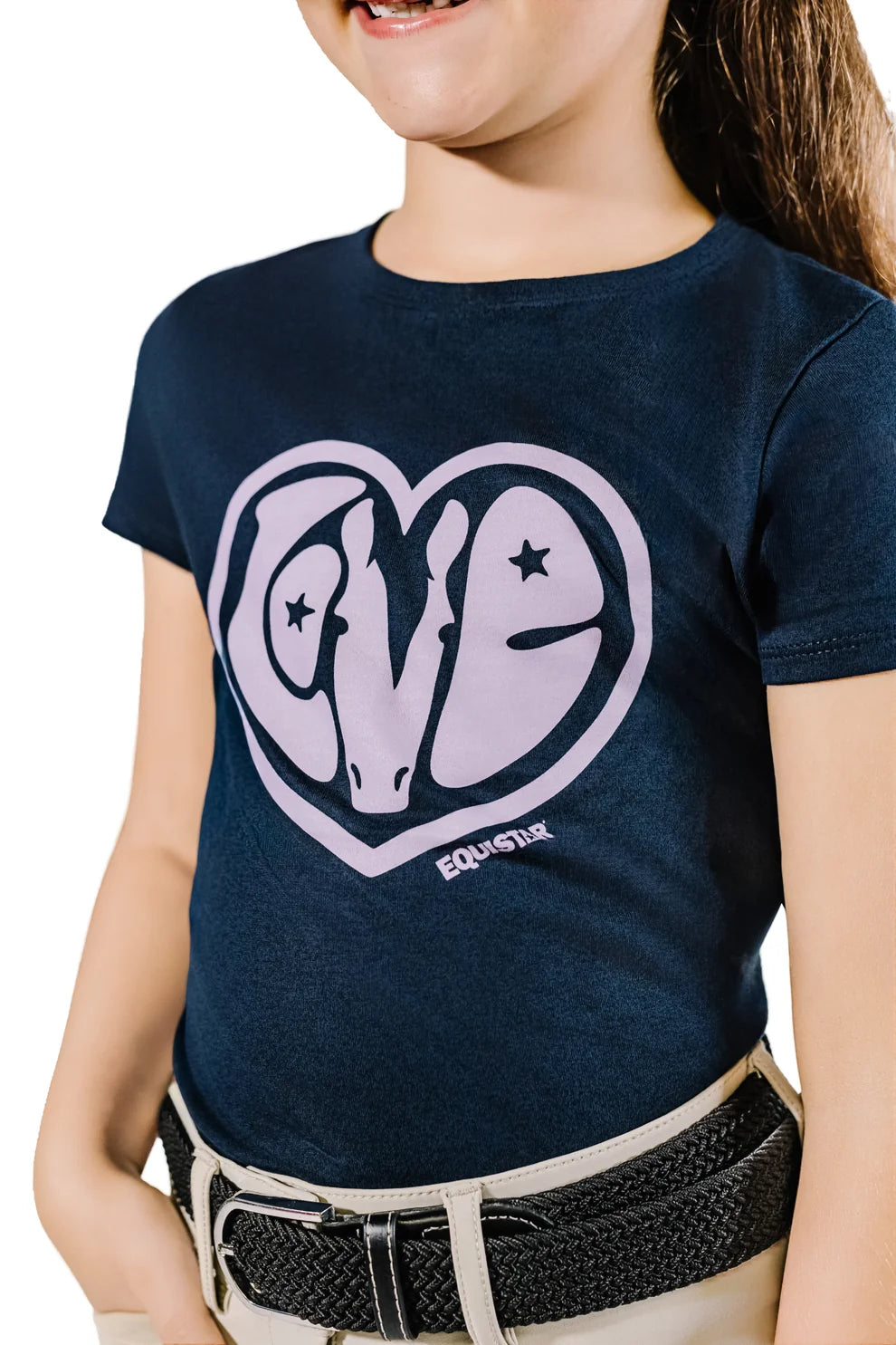 Child wearing a navy blue t-shirt with a heart-shaped graphic featuring a horse head and the word 'EquiStar'.