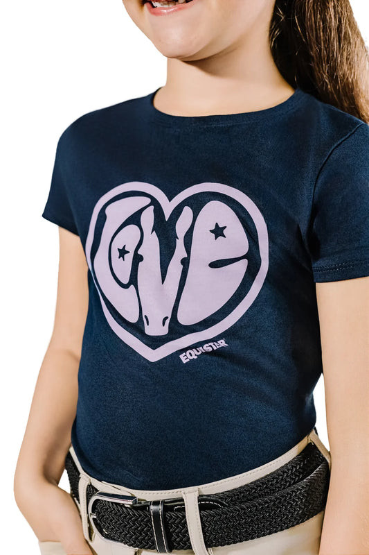 Child wearing a navy blue t-shirt with a heart-shaped graphic featuring a horse head and the word 'EquiStar'.