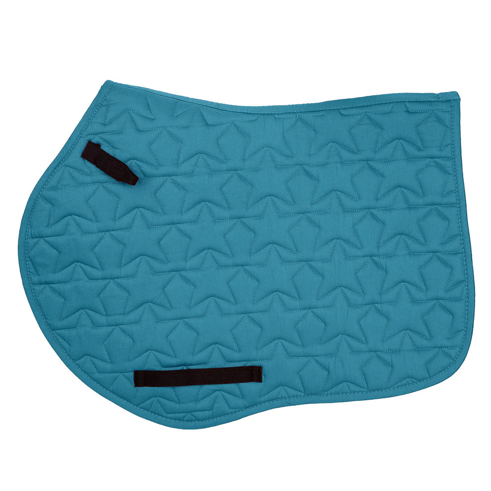 Blue quilted saddle pad with black straps on a white background