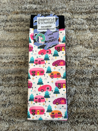 White riding socks with bright pink campers patterned design