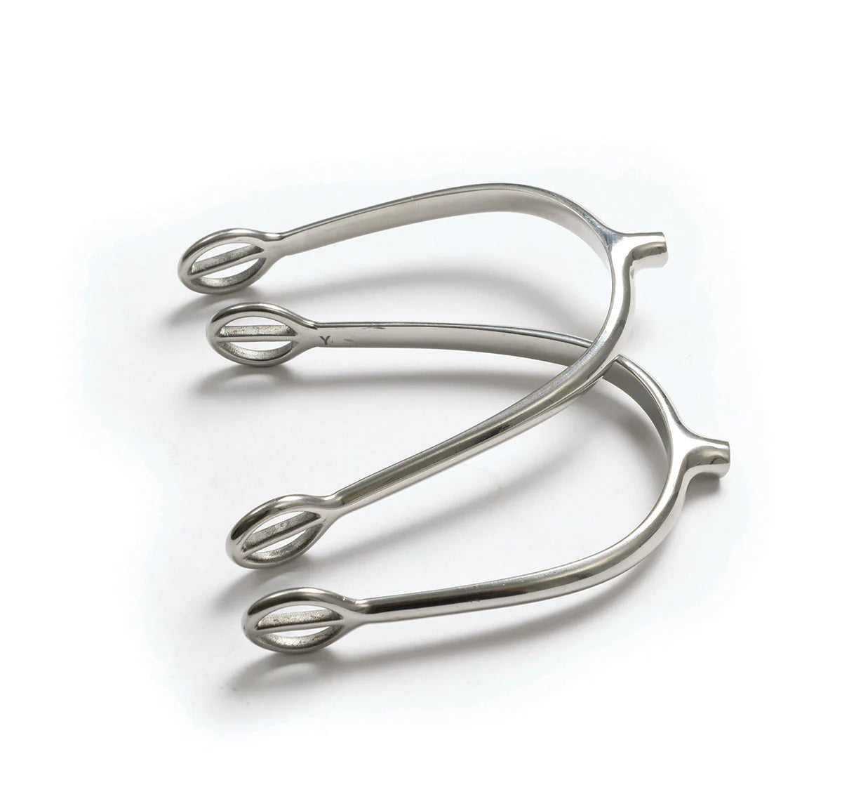 Pair of silver tom thumb english spurs on a white background
