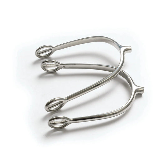 Pair of silver tom thumb english spurs on a white background