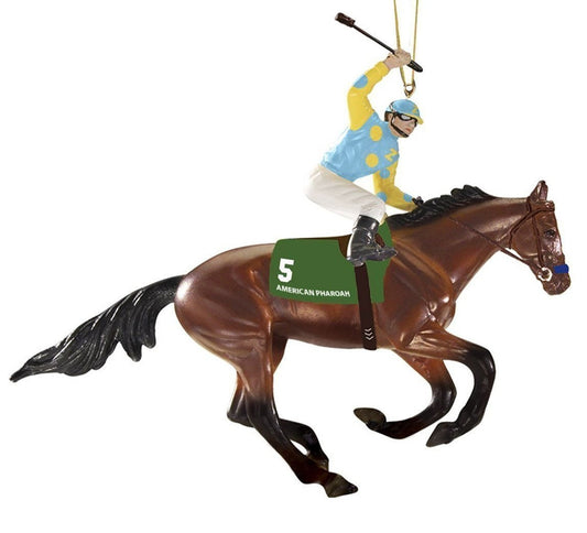 Ornament of a horse (American Pharoah) with a jockey on a white background