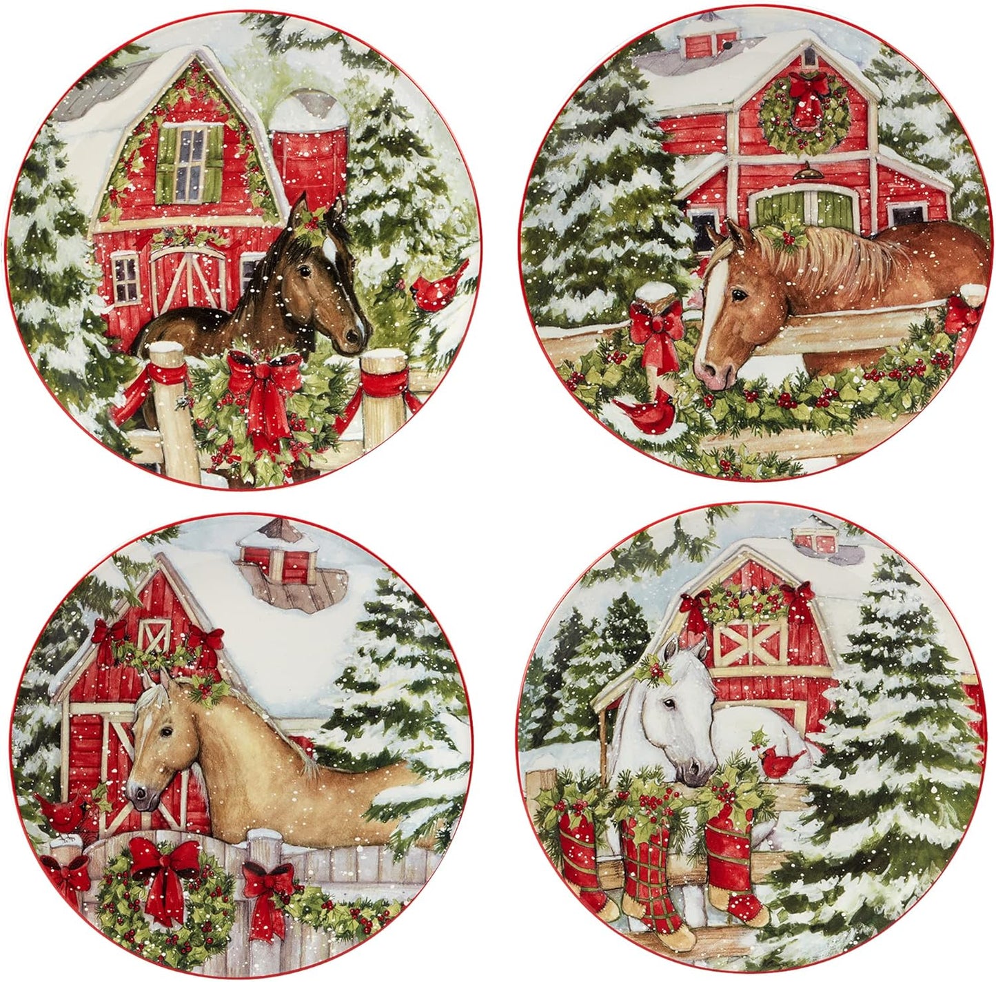Set of four Christmas-themed plates featuring horses and a red barn.