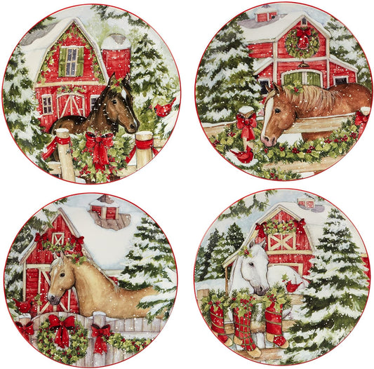 Set of four Christmas-themed plates featuring horses and a red barn.