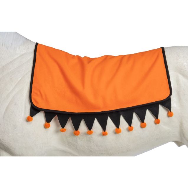Orange saddle pad with black trim and orange pom-poms on a white horse.