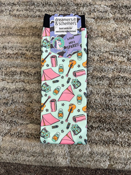 Riding socks with mint green background and camping supply designs