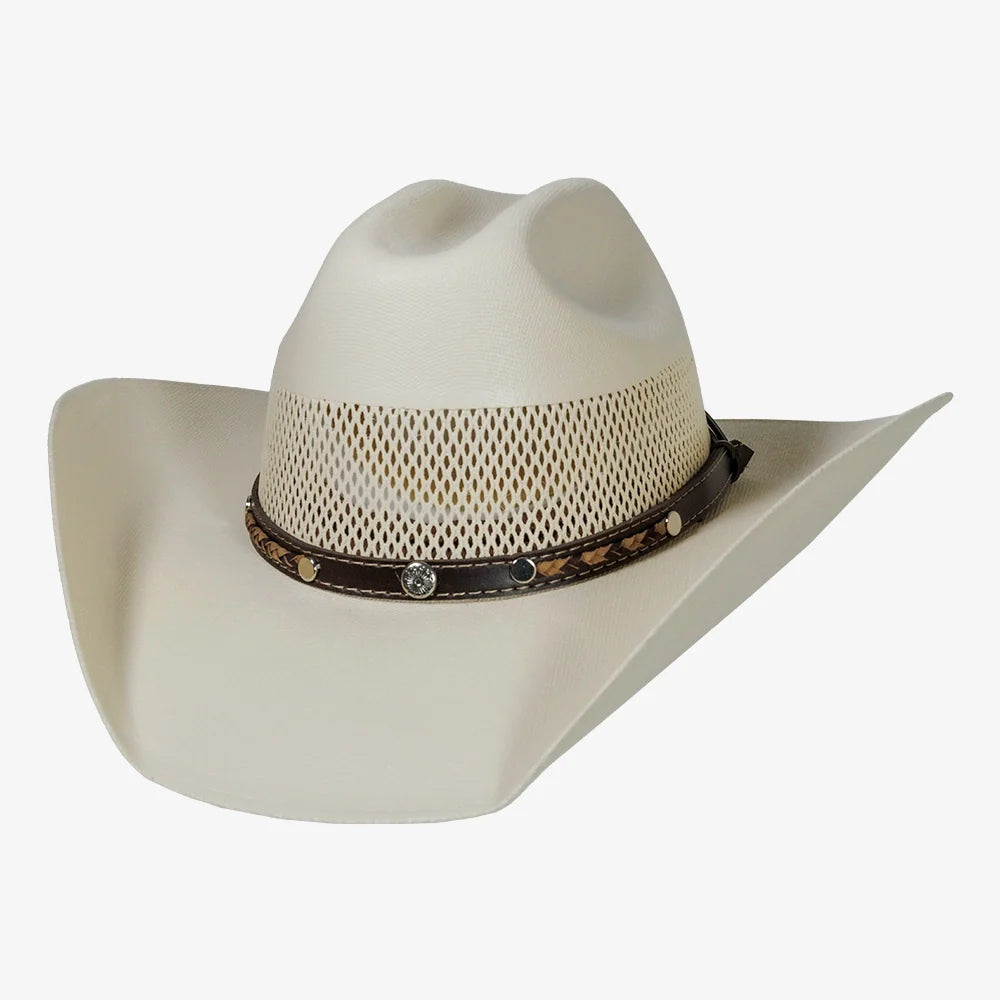 Cream colored cowboy hat with leather headband