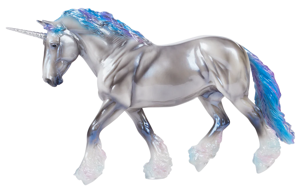 Glossy grey unicorn model with purple, pink, and blue iridescent mane and tail.