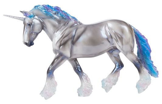 Glossy grey unicorn model with purple, pink, and blue iridescent mane and tail.