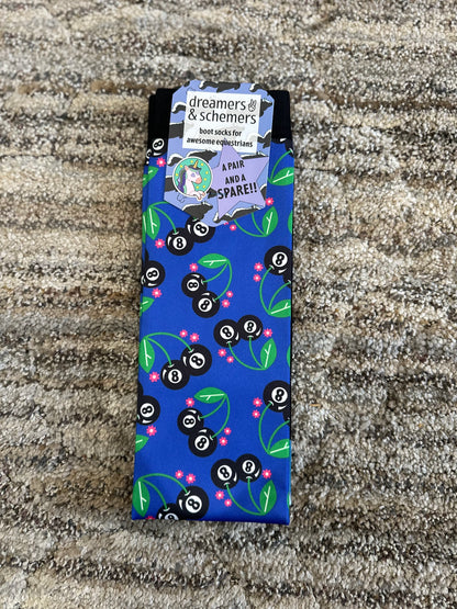 Riding socks with royal blue background and magic 8 balls on cherries patterned design