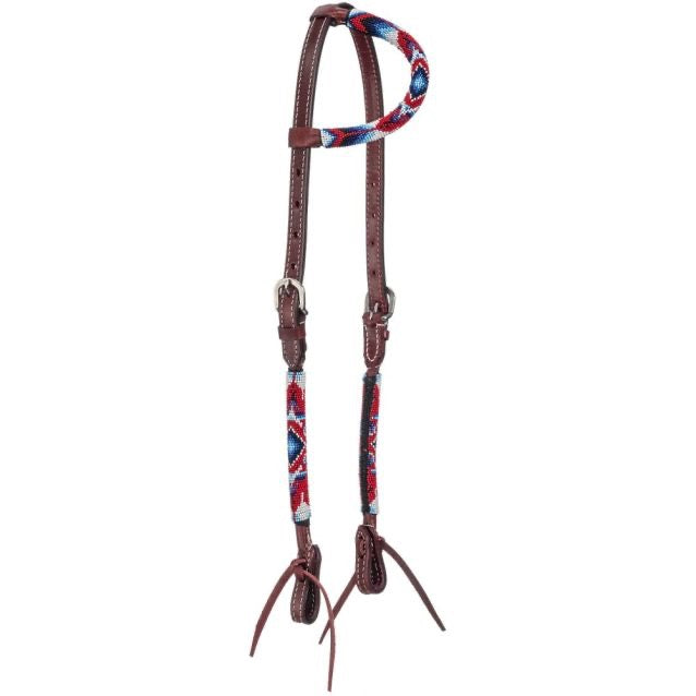 side view of a one ear leather western bridle with colored beads