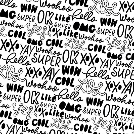 Fabric swatch print with black words on a white background - "hello", "super", "wow," "OMG" ...