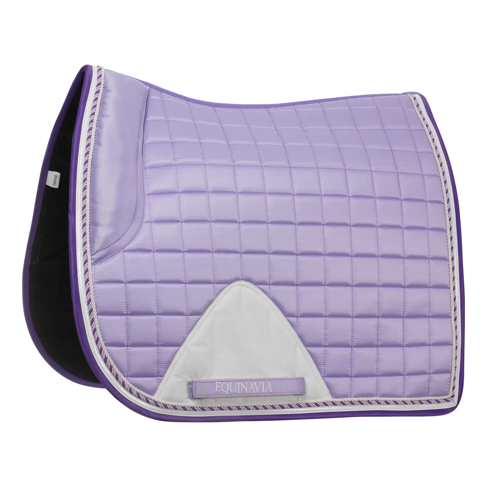 Purple quilted saddle pad with white accents on a white background