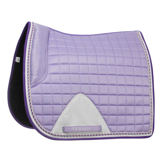Purple quilted saddle pad with white accents on a white background