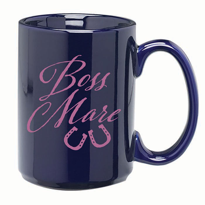 Navy ceramic coffee mug with pink words "boss mare"