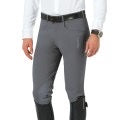 Men's steele grey riding breeches with  knee patch.  Model is wearing a dark belt and tall equestrian riding boots